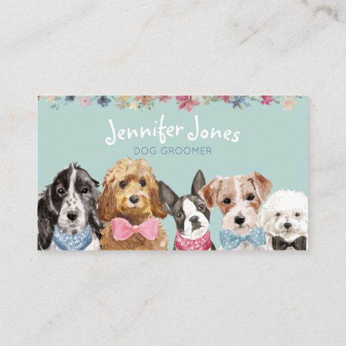  Teal Watercolor Dog Breeds Dog Groomer  Business Card