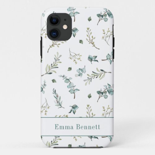 Teal Watercolor Eucalyptus Greenery Pattern Name iPhone 11 Case