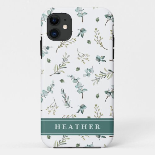 Teal Watercolor Eucalyptus Pattern Name iPhone 11 Case