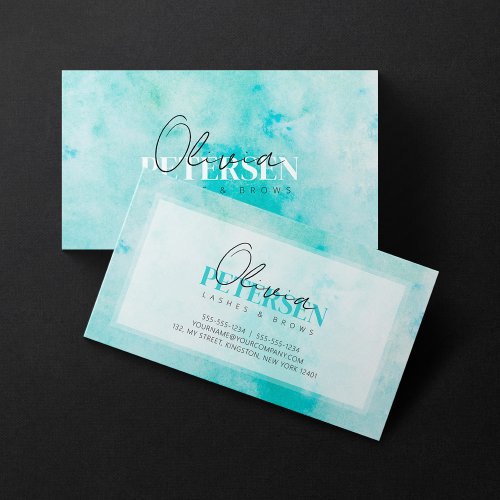 Teal Watercolor Eye Lashes Script Typography Business Card