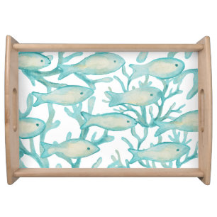 Teal Watercolor Fish Serving Tray