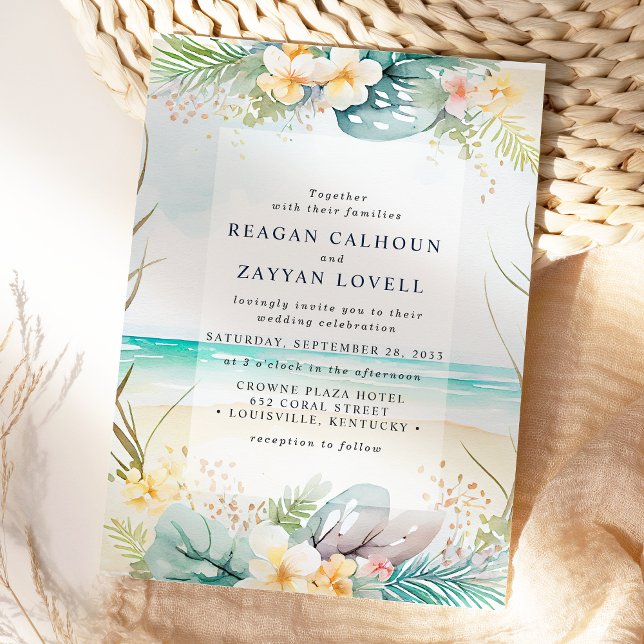 Teal Watercolor Floral Beach Wedding Invitation (Creator Uploaded)