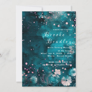 Teal Watercolor Floral Celestial Wedding Invitation