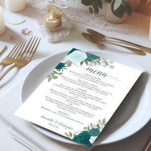 Teal Watercolor Floral Elegant Boho Wedding Menu