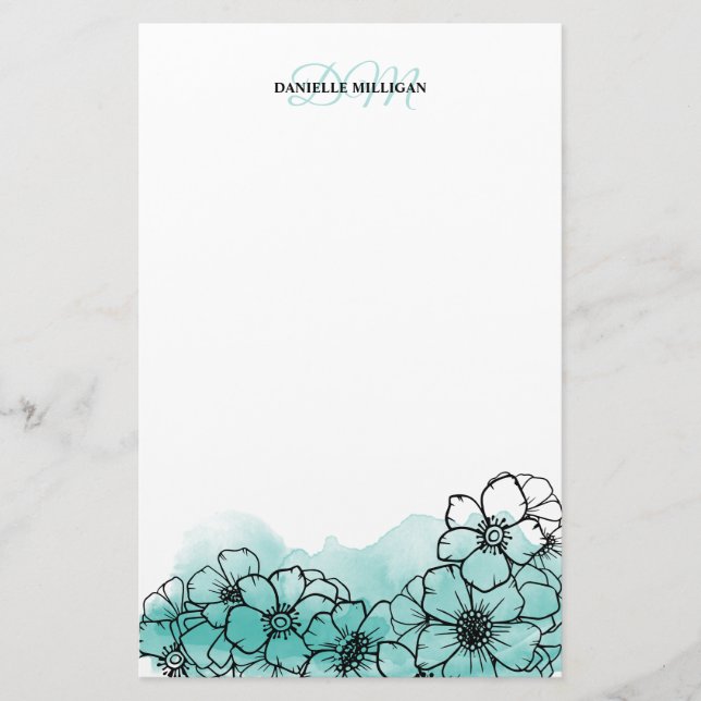 Teal Watercolor Floral Line Art Name Monogram Stationery (Front)