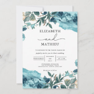 Teal Watercolor Floral Lush Wedding Invitation