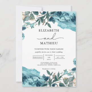 Teal Watercolor Floral Lush Wedding Invitation