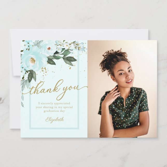 Teal Watercolor Floral Photo Grad Thank You (Front)