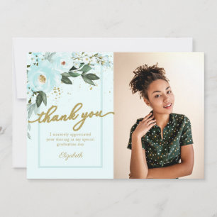 Teal Watercolor Floral Photo Grad Thank You Card