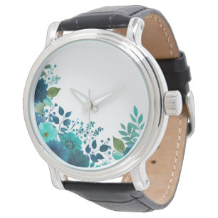 Teal Watercolor Floral Wrist Watch - Botanical Flo