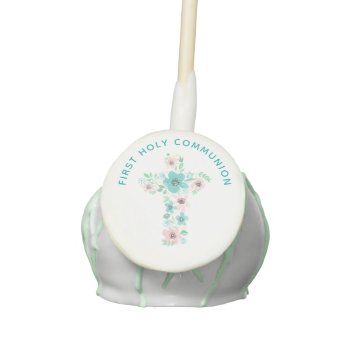 Teal Watercolor Flower Cross First Communion Cake Pops by labellarue at Zazzle