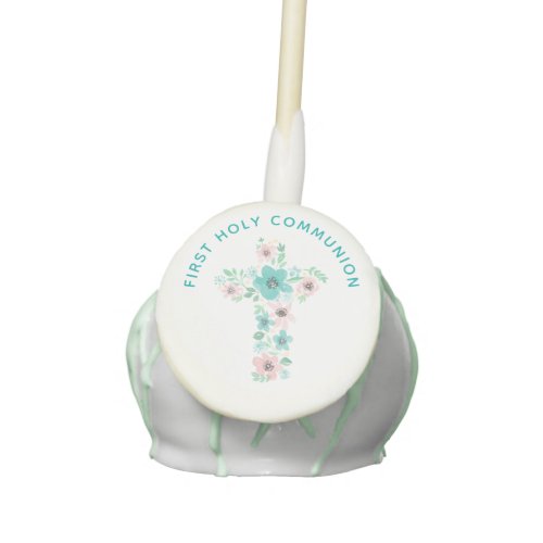Teal Watercolor Flower Cross First Communion Cake Pops