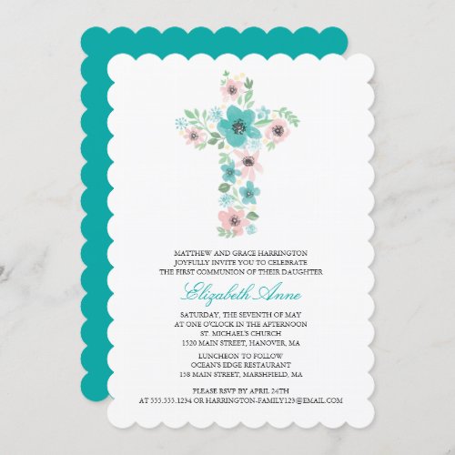 Teal Watercolor Flower Cross First Holy Communion Invitation