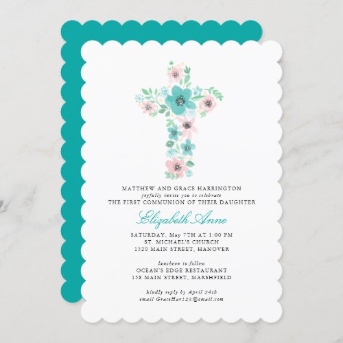 Teal Watercolor Flower Cross First Holy Communion Invitation