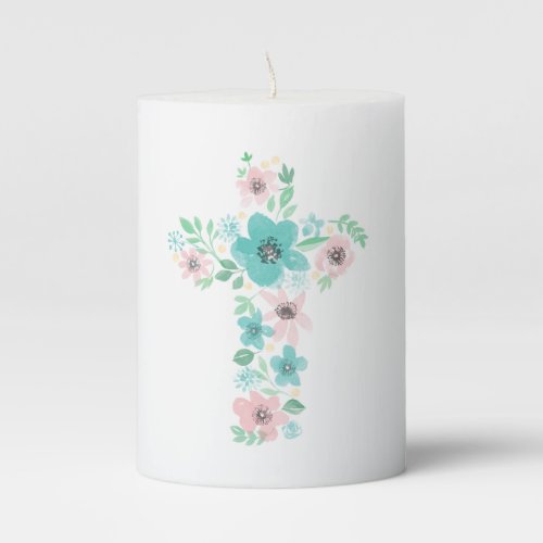 Teal Watercolor Flower Cross First Holy Communion  Pillar Candle