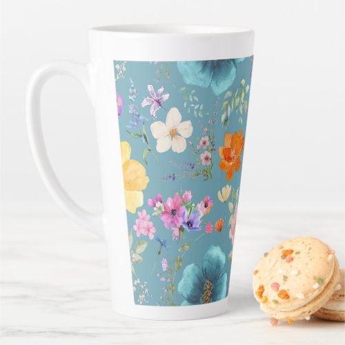 Teal Watercolor Flowers Latte Coffee Cup