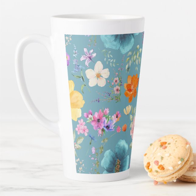 Teal Watercolor Flowers Latte Coffee Cup (In Situ)