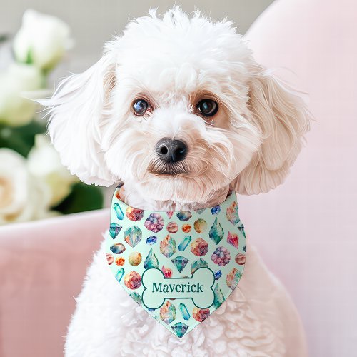 Personalized Pet Gifts 16 Teal Watercolor Gemstones Cute Custom Name Pet Bandana Collar