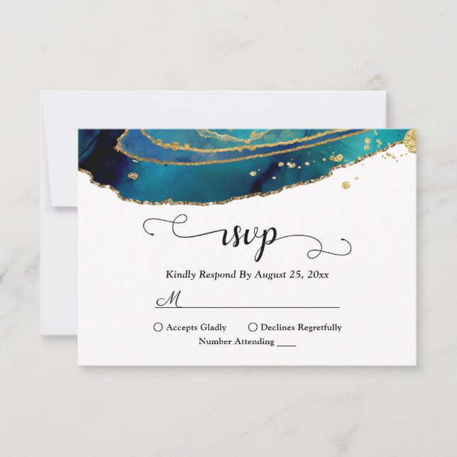 Teal Watercolor Gold Agate Geode RSVP Card (Front)