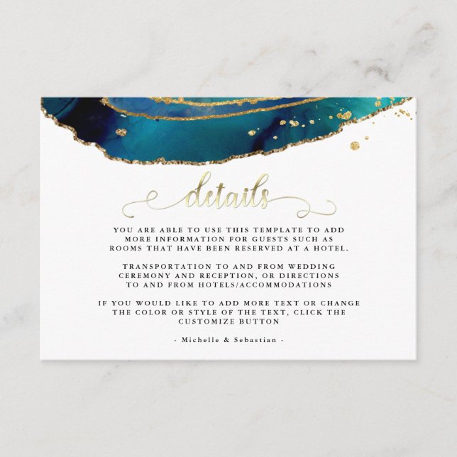 Teal Watercolor Gold Agate Wedding Details Card (Front)