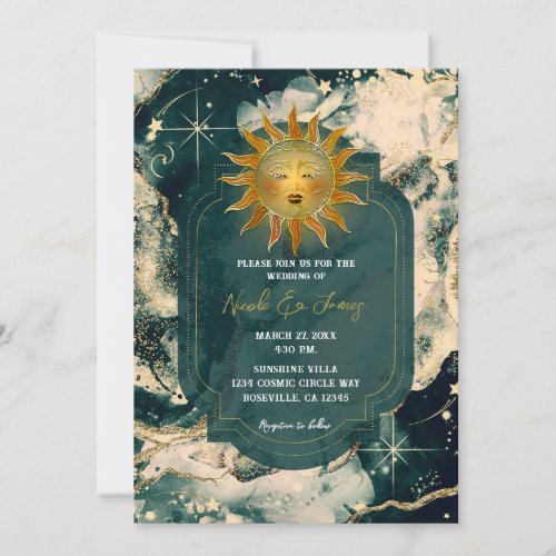 Teal Watercolor Gold Celestial Fiery Sun Wedding Invitation