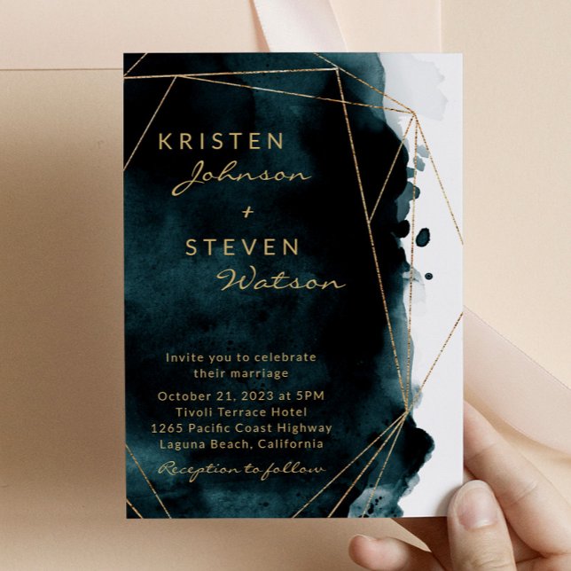 Teal Watercolor Gold Geometric Frame Wedding Invitation (Creator Uploaded)