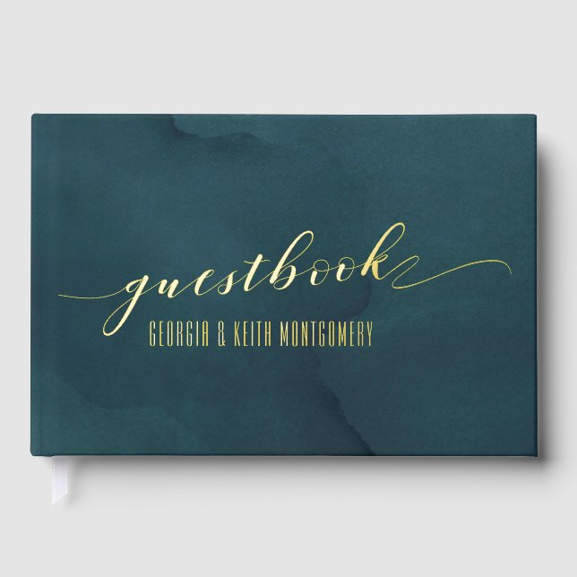 Teal Watercolor Gold Script Elegant Wedding  Foil Guest Book (Front)