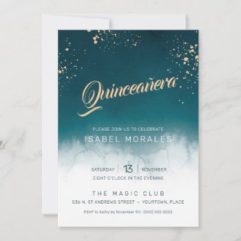Teal Watercolor Golden Splatter Quinceanera Party Invitation by starstreamdesign at Zazzle