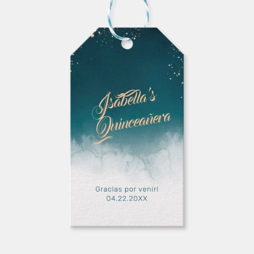 Teal Watercolor Golden Splatter Quinceaera Thanks Gift Tags