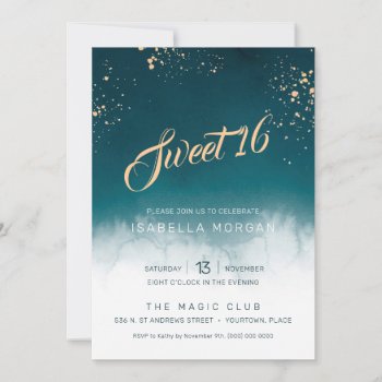 Teal Watercolor Golden Splatter Sweet 16 Party Invitation by starstreamdesign at Zazzle