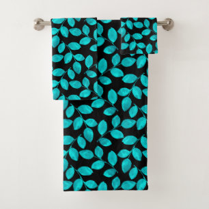 Teal Watercolor Leaves Pattern Bath Towel Set