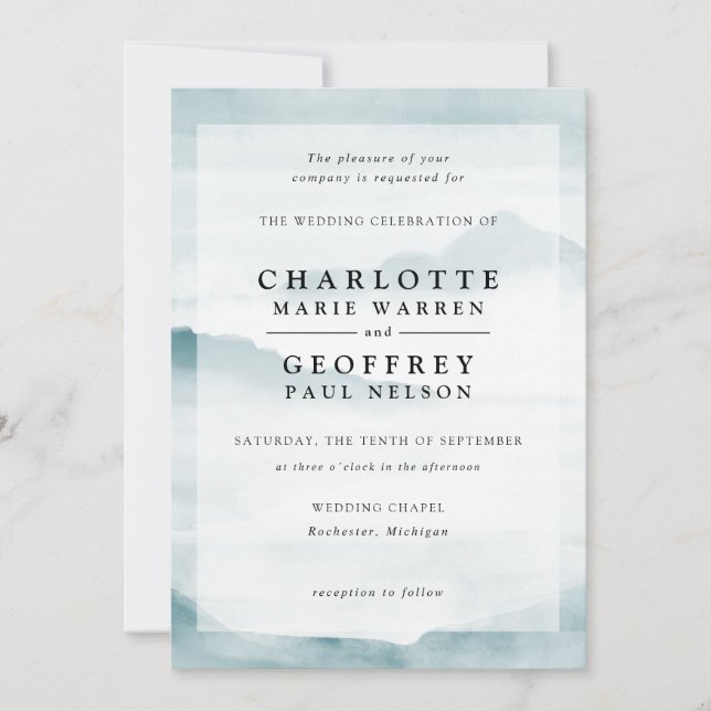 Teal watercolor misty landscape wedding invitation (Front)