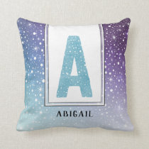 Teal Watercolor Monogram Galaxy Purple Snowflakes Throw Pillow