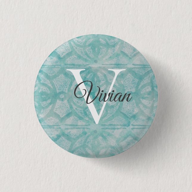 Teal Watercolor Monogram Name Button (Front)