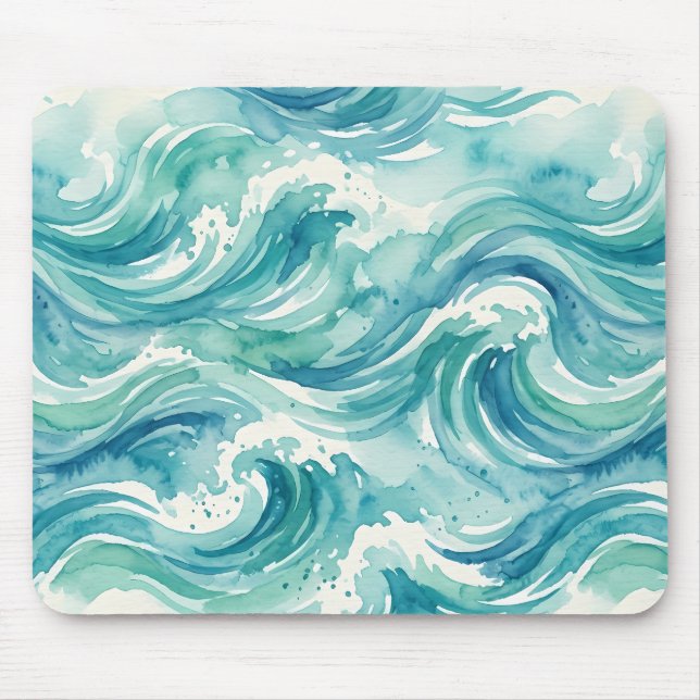 Teal Watercolor Ocean Waves Mouse Pad (Front)