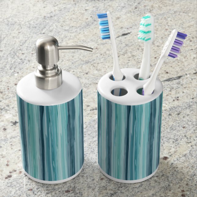 Teal Watercolor Painted Stripes (Teal, Cyan, Blue) Soap Dispenser & Toothbrush Holder (Front)