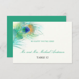 Teal Watercolor Peacock Feather   Seating Invitation