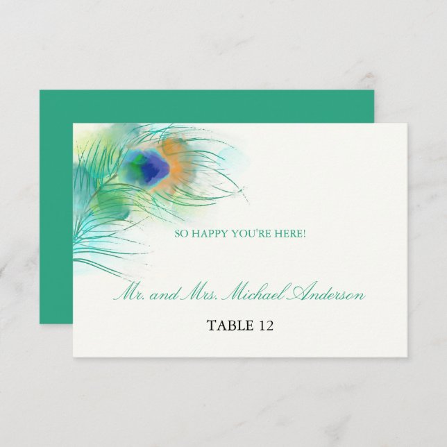 Teal Watercolor Peacock Feather | Seating Invitation (Front/Back)
