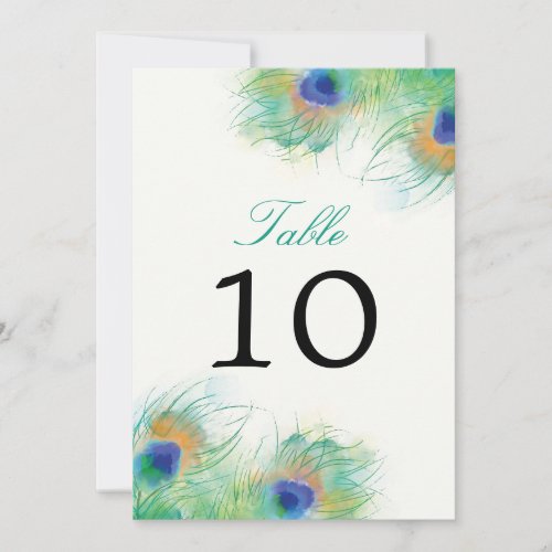 Teal Watercolor Peacock Feather  Table Number