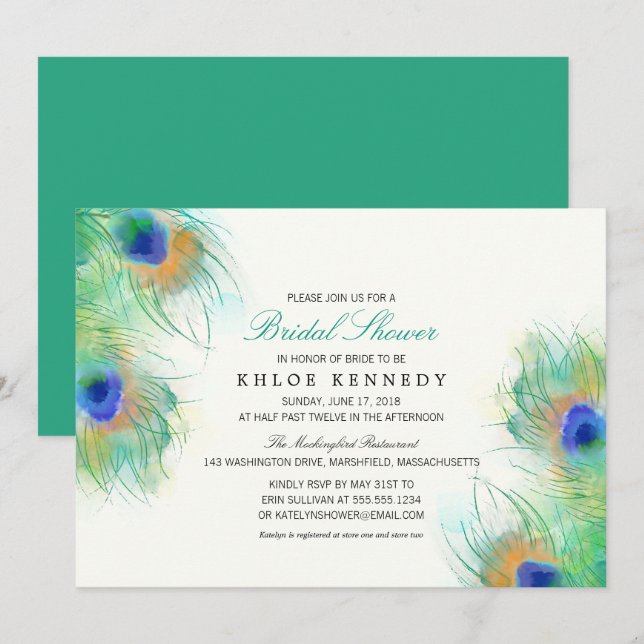Teal Watercolor Peacock Feathers Bridal Shower Invitation (Front/Back)