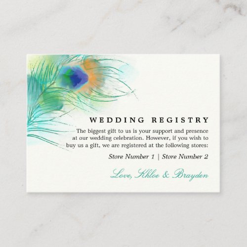 Teal Watercolor Peacock  Wedding Gift Registry Enclosure Card