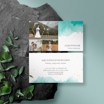 Teal Watercolor Photo Collage Photographer Business Card by birchandoak at Zazzle