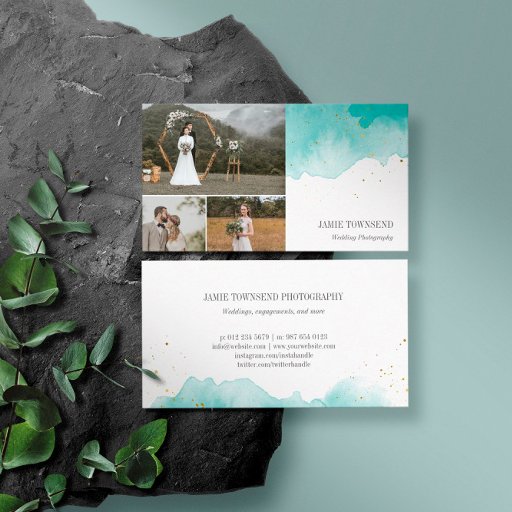 Customizable Teal Watercolor Photo Collage Photographer Business Card