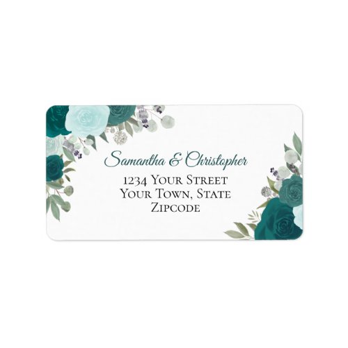 Teal Watercolor Roses Elegant Wedding Address Label