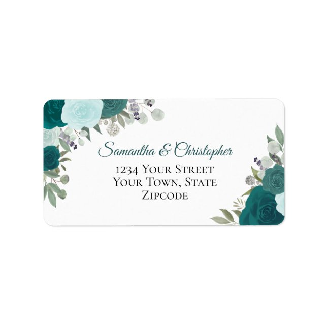 Teal Watercolor Roses Elegant Wedding Address Label (Front)
