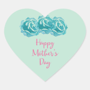 Teal Watercolor Roses Happy Mother's Day Heart Sticker
