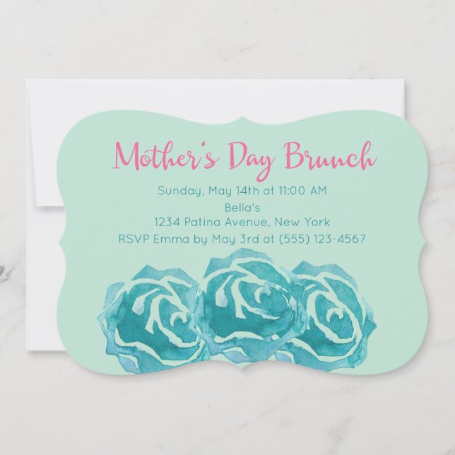 Teal Watercolor Roses Mother's Day Brunch Invitation (Front)