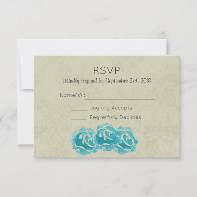 Teal Watercolor Roses on Tan Damask Wedding RSVP (Front)