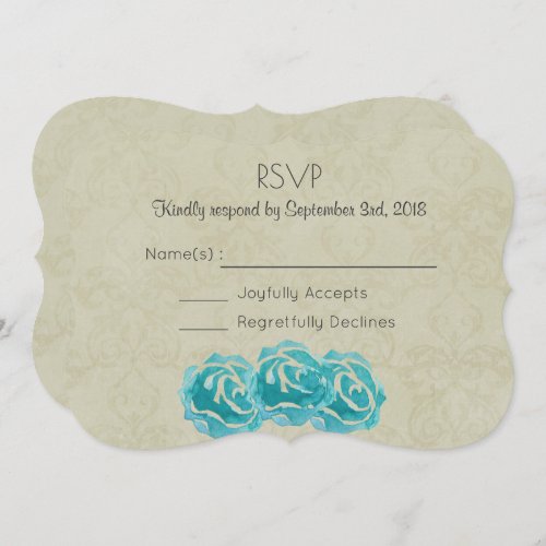 Teal Watercolor Roses on Tan Damask Wedding RSVP Invitation