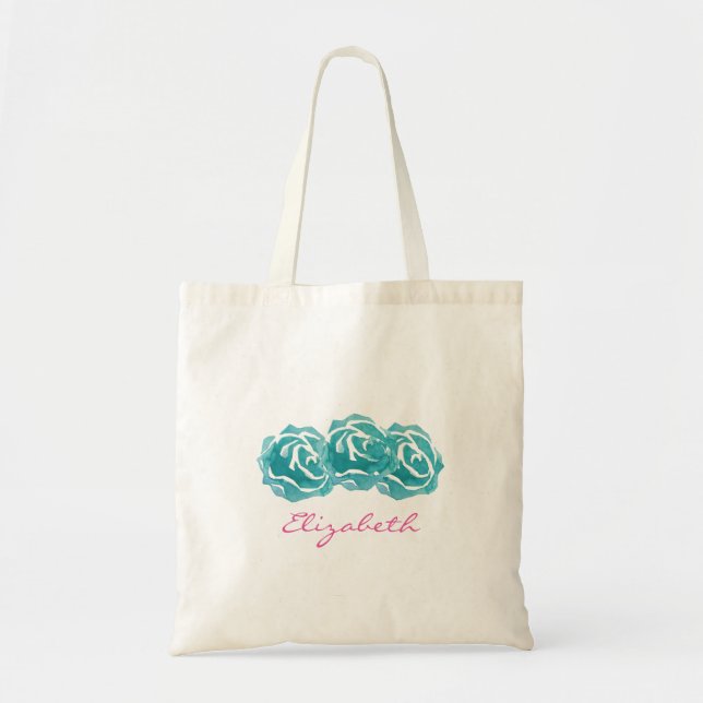 Teal Watercolor Roses Tote Bag (Front)